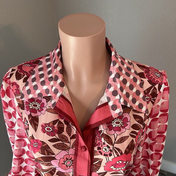 Dalia MacPhee Collared Shirt Dress Womens Red Pink Geo Floral missing Belt #148 - Picture 15 of 15
